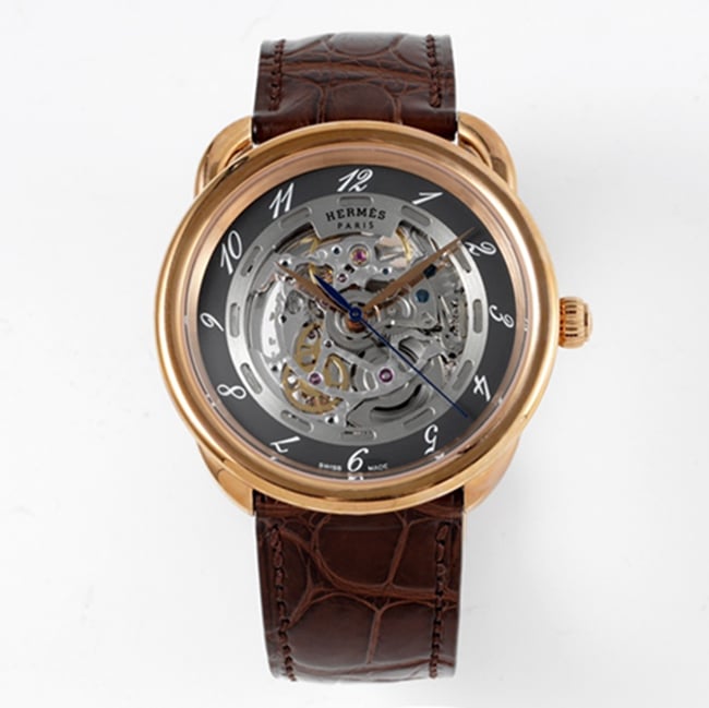 Top Super Clone Hermes Arceau Men’s Vintage Watch 41MM with Gray Dial Brown Strap