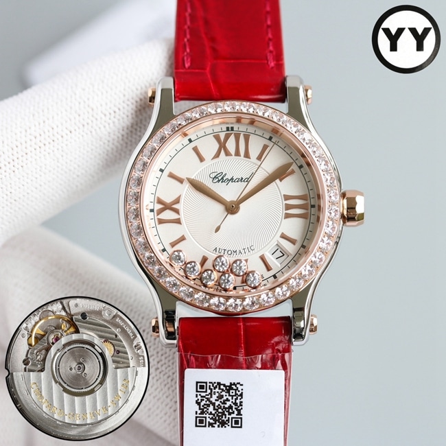 Top CollectWatches Chopard Women's White Plate Red Strap Happy Diamond Series Belt Mechanical Watches