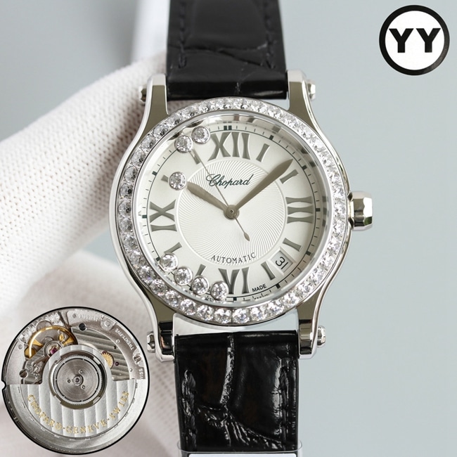 Chopard Noble Goddess White Dial Black Strap HAPPY DIAMONDS Mechanical Watch, Superb Details