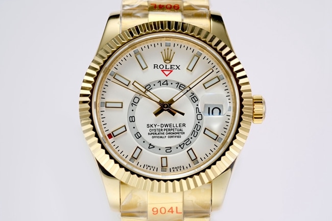 Top Super Clone Rolex Sky-Dweller Men’s Automatic Mechanical Watch with White Dial, Gold Strap & Ring Command Bezel
