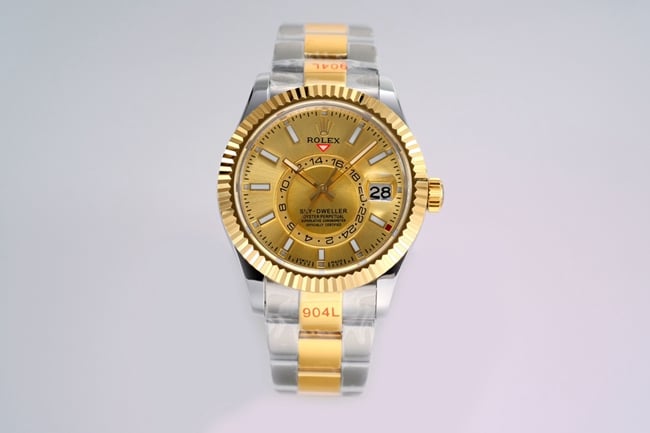 Rolex Super Clone Men’s Gold Dial Gold Strap Sky-Dweller Automatic Mechanical Watch, 42MM with Ring Command Bezel