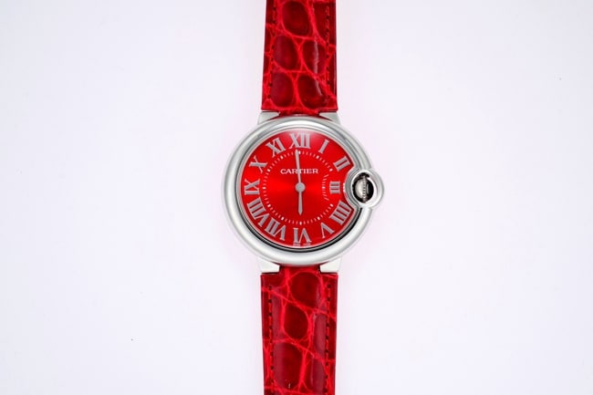 Top Super Clone Cartier Ballon Bleu Reloj de cuero de cuarzo con esfera roja y correa roja para mujer, 33 mm, cristal de zafiro