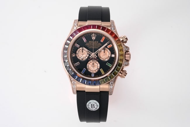 Rolex Top Replica masculino com mostrador preto e pulseira de borracha Daytona relógio mecânico automático