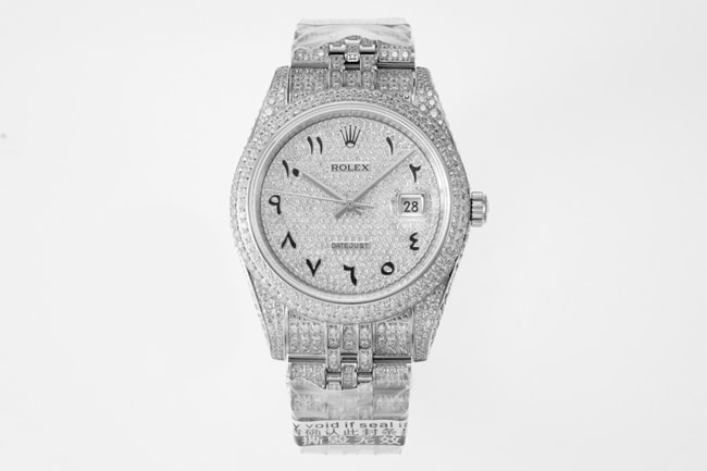 TW Factory Super Clone Rolex Day-Date Men’s White Dial Steel Bracelet, Fully Iced Out 18k Gold Automatic Watch