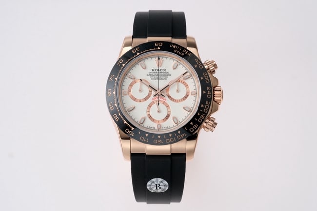 Top CollectRolex Men’s White Dial Black Rubber Strap Cosmograph Daytona Automatic Mechanical Watch in 904L Steel with Caliber 4130 Chronograph