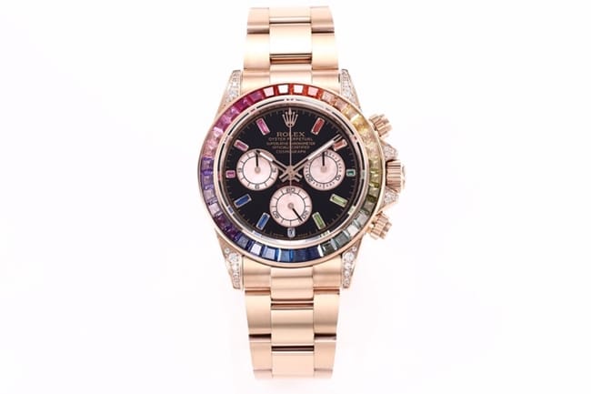 top-tier replicaRolex men's black dialrose gold with new Daytona rainbow automatic movement watch front view