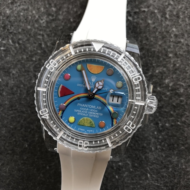 Top-quality super clone Rolex men's blue dial rubber strap crystal series automatic mechanical watch with 3135 blue hairspring movement
