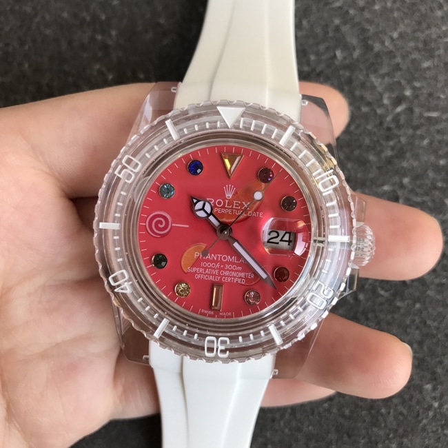Top Super Clone Rolex Men’s Red Dial Rubber Strap Crystal Series Mechanical Watch with 3135 Blue Hairspring Movement