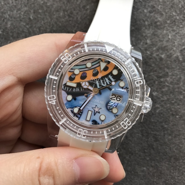 top-tier replicaRolex men's blue dialrubber strap crystal series mechanical watch front view