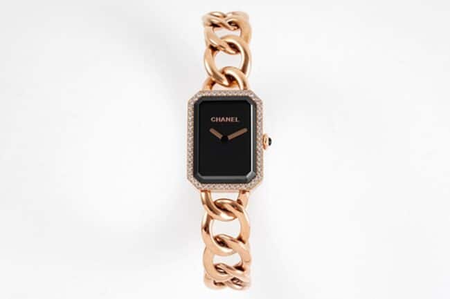 Top replica Chanel women’s Premiere series black dial rose gold bracelet steel quartz watch with elegant styling and clean finishing