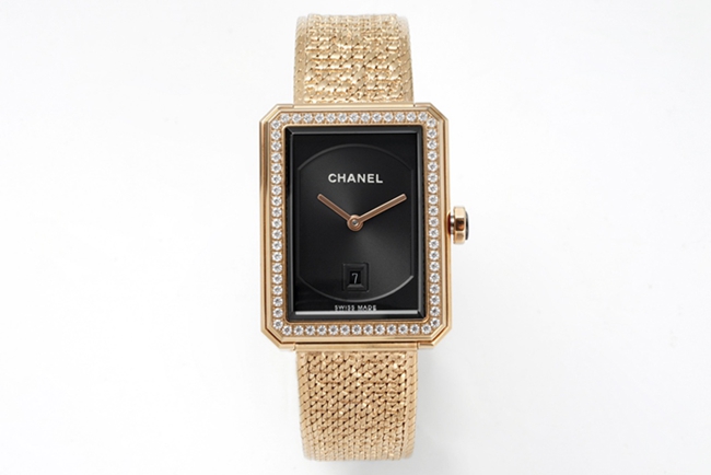 Large Factory Chanel BOY-FRIEND Women’s Quartz Watch with Black Dial, Gold Steel Bracelet and Tweed Motif