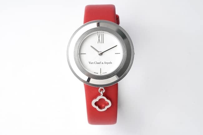 Large Factory Fine Imitation Van Cleef & Arpels Charms Gold Women's Quartz Watch with White Guilloché Dial and Red Strap