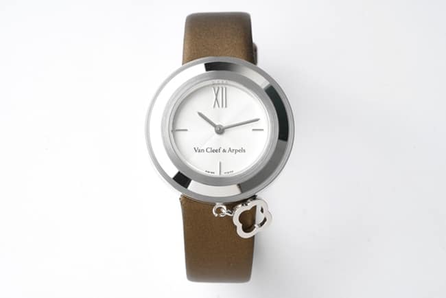 Top Replica Van Cleef & Arpels Women’s Charms Gold Series Quartz Watch with White Lacquered Dial and Brown Strap