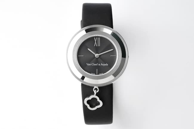 Top Replica Van Cleef & Arpels Women's Charms Gold Series Quartz Watch with White Lacquered Dial & Guilloché Black Strap