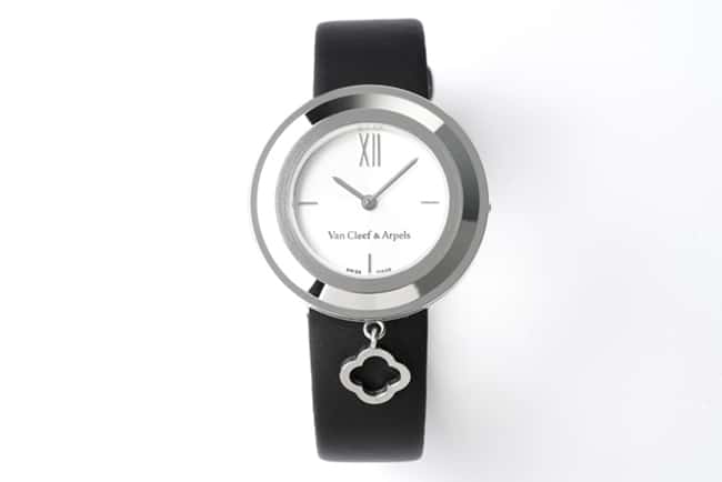 Van Cleef & Arpels Women’s White Guilloché Dial Black Strap Quartz Watch