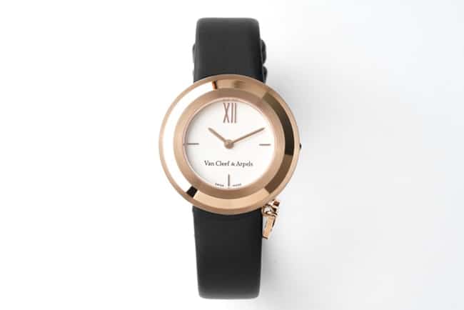 Van Cleef & Arpels Charms Gold Women’s Quartz Watch with White Lacquered Dial, Black Strap and Pendant Charms