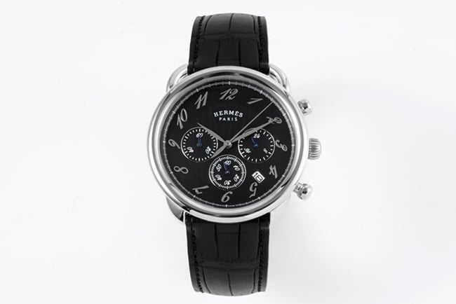 Top Super Clone Hermes Arceau Men's Vintage Black Dial Black Strap Quartz Belt Watch 43MM