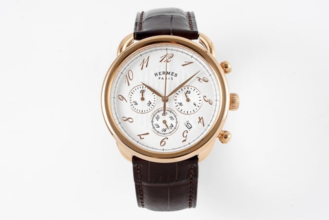 Top Replica Hermes Arceau Men's 43MM Vintage White Dial Brown Stirrup Strap Quartz Watch