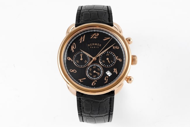 Top Replica Hermes Men's 43MM Vintage Sentiment Black Disc Black Strap Quartz Belt Watch with Stirrup Strap
