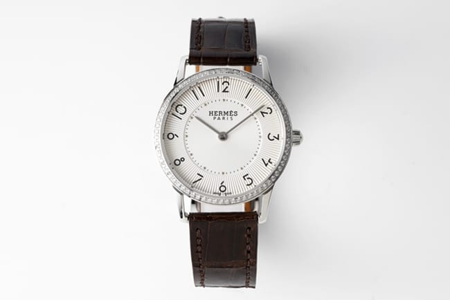 Elegant Slim d'Hermes Women's White Dial Black Leather Quartz Watch with Transparent Numerals
