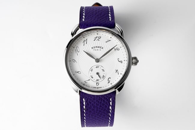 Top Super Clone Hermès Arceau Women’s Classic Quartz Watch with White Dial, Purple Strap and Stirrup-Shaped Lugs