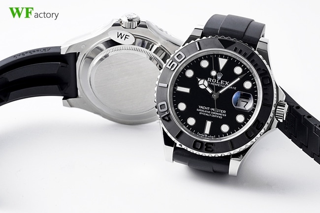 Top Replica Rolex Men's Black Plate Rubber Strap Yacht Masters Series Mechanical Watches