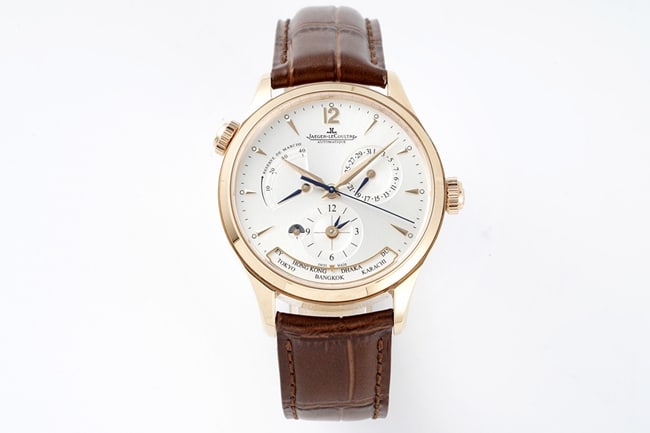 Geographer Q1428421 ZF Jaeger-LeCoultre Men’s White Dial Brown Leather Strap Mechanical Watch with Outstanding Details