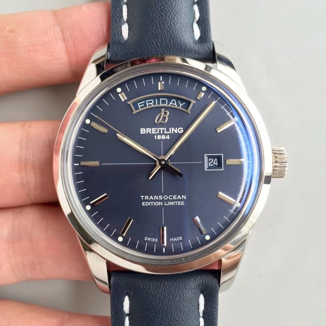 Breitling V7 Factory Top Super Clone Original Factory Men’s Blue Dial Blue Strap Mechanical Transocean Series Week & Calendar Watch