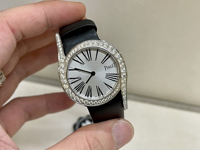 ZF Factory Fine Imitation Piaget Ladies Quartz Watch, White Dial, Black Strap with Real Diamonds
