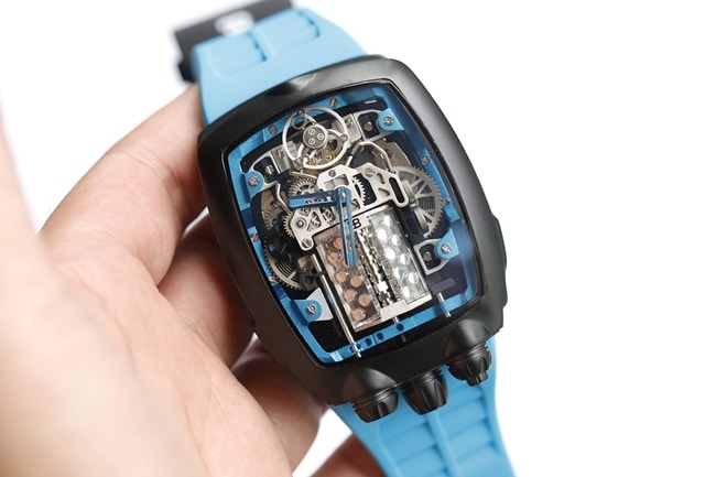 Top Bugatti Veyron Super Clone Men’s Mechanical Watch with Black Dial, Blue Rubber Strap and 16-Cylinder Engine Design