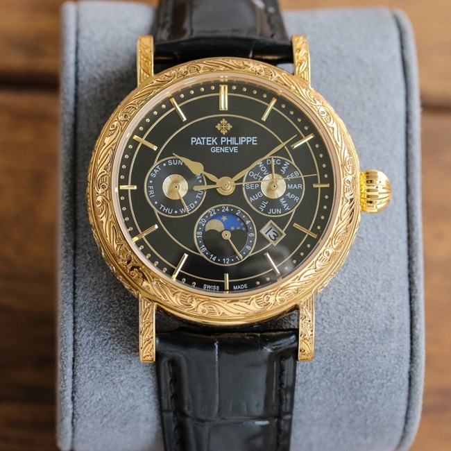 Réplica única de reloj Patek Philippe con súper complicaciones para hombre: esfera negra, caja de oro grabada a mano, calendario anual y fase lunar