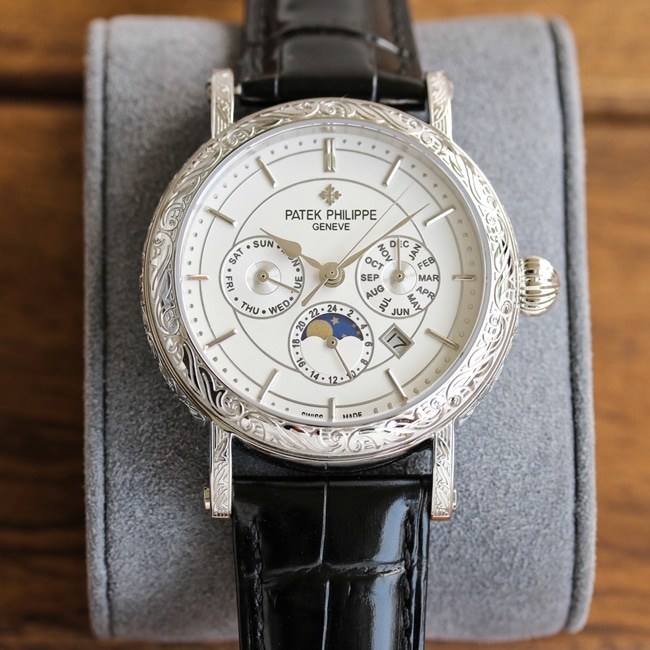 Patek Philippe Men’s Super Complications Super A Super Clone Watch, White Dial, Hand-Engraved Case & 9100 Mechanical Movement