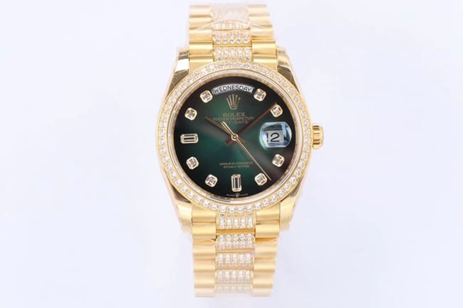 EW Factory Rolex Day-Date 36 Men’s Watch Green Dial Gold Steel Bracelet Automatic Mechanical Week and Date Display, 2021 New Oyster Case Craftsmanship