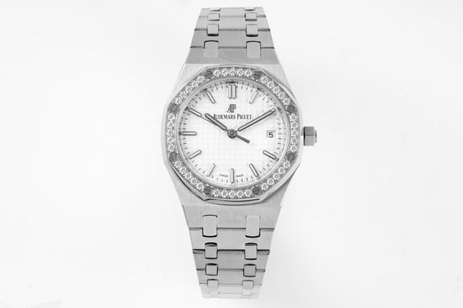 8F Factory High-Quality Imitation Audemars Piguet Royal Oak 34mm Women’s White-Dial Automatic Watch with Steel Bracelet
