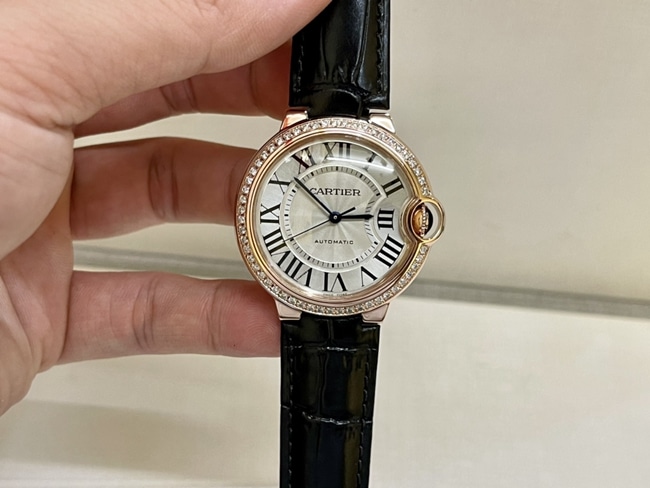 Cartier Cartier Men's 36 mm Super Clone Mechanical Watch with White Dial, Black Leather Strap, 18K Rose Gold and South African Genuine Diamonds