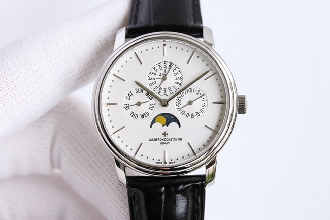 top-tier Collectwatch Vacheron Constantin men's white dial black belt perpetual calendar multi-function heritage series mechanical watch front view