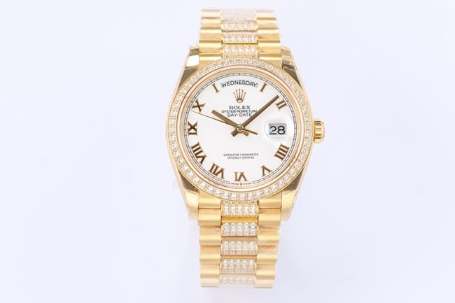 Réplica mecánica premium EW Rolex para hombre con esfera blanca Day-Date 36 y artesanía con diamantes