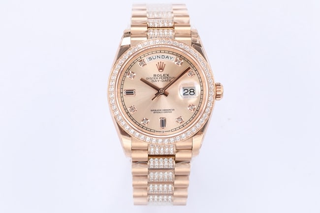 EW Factory Fine Imitation Rolex Day-Date 36 Men's New Mechanical Watch, 18ct Gold Diamond-Set Dial with Steel Strap