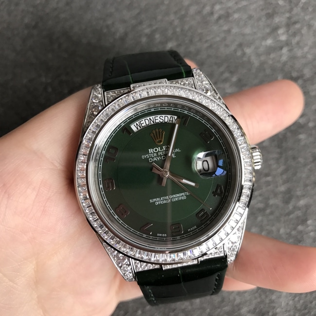 Rolex Datejust Series Green Dial Black Leather Strap Full Star Automatic Mechanical Men's Watch