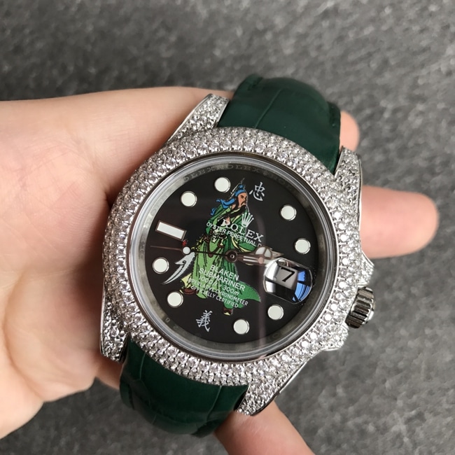 Top Super Clone Rolex Men's Black Dial Green Strap V3 Submariner Automatic Watch, 904 Steel Diamond-Set Case