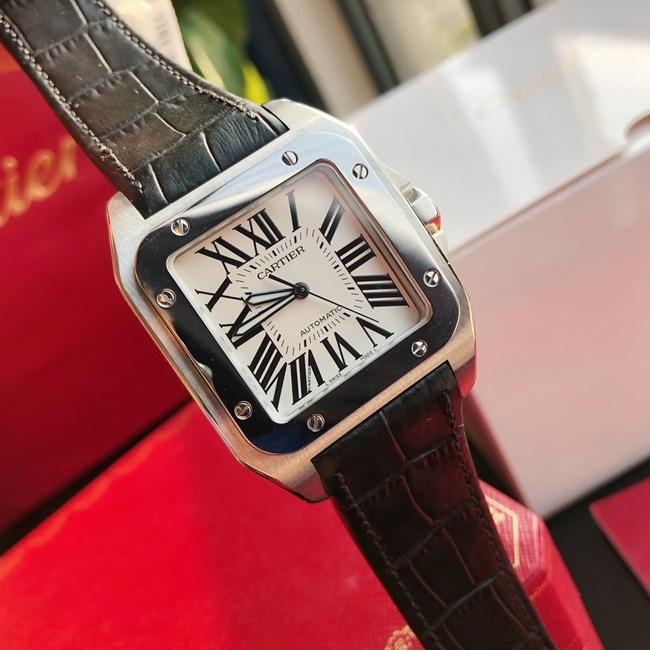Cartier Santos men's watch automatic mechanical movement white dial black leather strap top-grade details