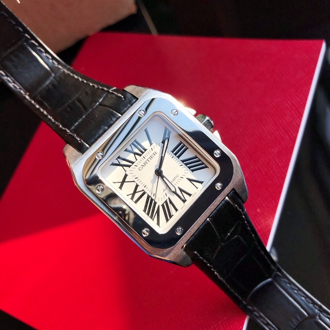 top-tier Collectwatch Cartier men's white dial black belt automatic movementleather strap watch front view