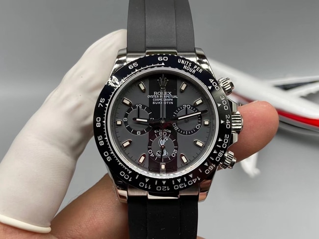 Top CollectWatches Rolex Men's Gray Plate Rubber Strap Daytona "Customized" Black Ceramic Di 7750 Chronograph Movement Watches