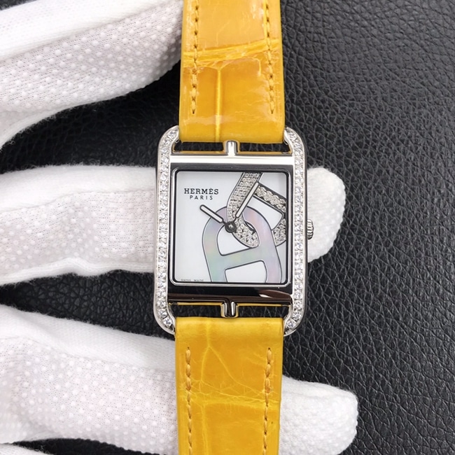 YF premium CollectHermès women's quartz watch with gemstone anchor chain white dial yellow leather strap