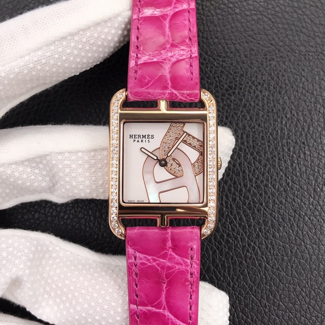 Hermes Ladies' Quartz Watch by YF Factory: Gem-Set Anchor Chain Dial in White with Pink Strap