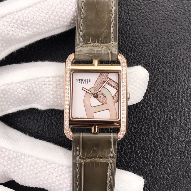 YF factory super clone Hermès women's white dial brown belt square steel case quartz watch with sapphire glass