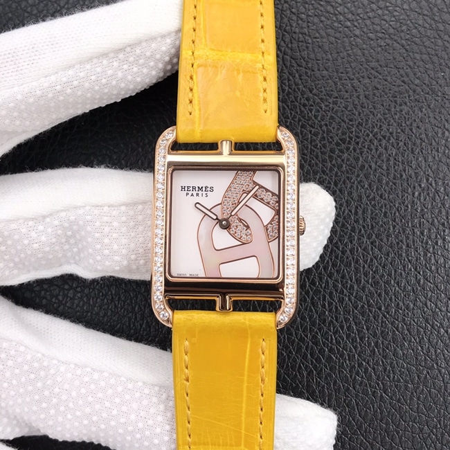YF Factory Hermes Women’s White Dial Yellow Strap Quartz Watch with Sapphire Glass and Crocodile Leather – Super Clone Edition