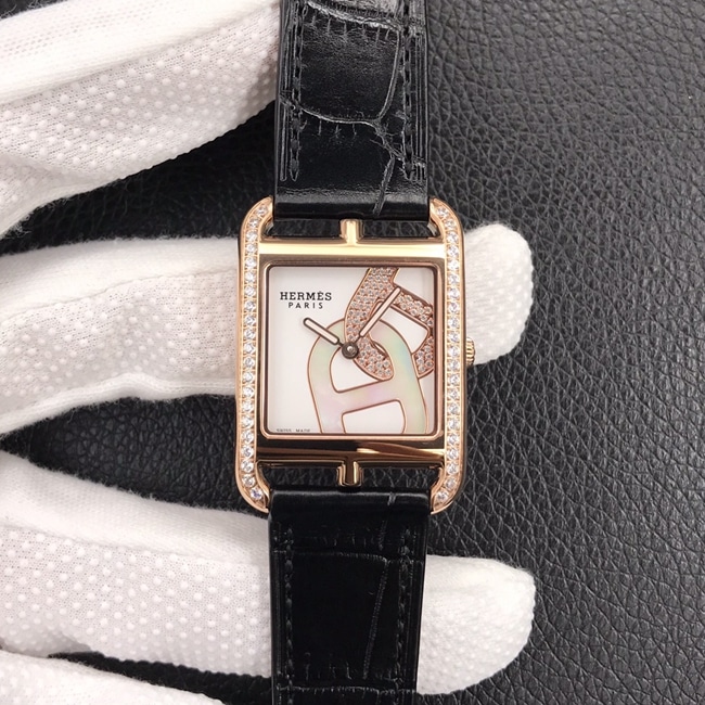 YF Factory Hermes Women's Gemstone-Set Anchor Chain White Dial Black Strap Square Steel Quartz Watch with Swiss Movement