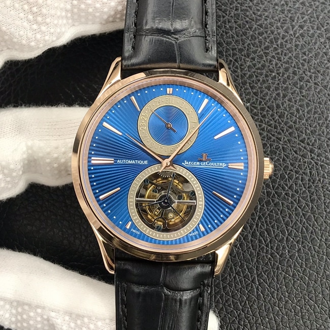 Top Replica Watches Jaeger-LeCoultre Jaeger-LeCoultre Men's Blue Dial Black Strap Tourbillon Master Series Self-Winding Mechanical Watch