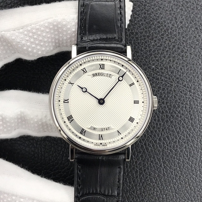 Premium Breguet Classic Series Men's White Dial Black Strap Mechanical Wristwatch with Enamel Craftsmanship